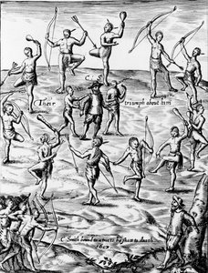 ジョン・スミスは1607年、1624年にバージニア州のネイティブアメリカンによって捕虜になり、死の脅迫を受けた（詳細は105033） 作： English School